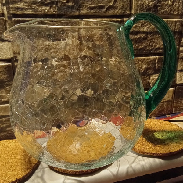 Blenko Crackle Glass Water/Tea Pitcher 7"H X 9"W  / Blenko Crackle Glass Handkerchief Fold Vase or Catch All Bowl  5 1/2"H X 5"W Amberlina