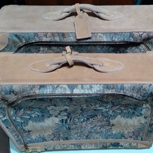 1 Pair French California Suitcases featuring Floral Tapestry and Suede Tops/Sides/Corners/Handle and Tag. Softsided / Fiberglass Reinforced image 1