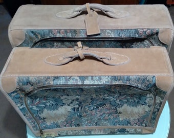 1 Pair French California Suitcases  featuring Floral Tapestry and Suede Tops/Sides/Corners/Handle and Tag. Softsided / Fiberglass Reinforced