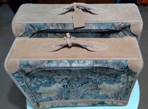 1 Pair French California Suitcases  featuring Floral Tapestry and Suede Tops/Sides/Corners/Handle and Tag. Softsided / Fiberglass Reinforced