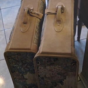 1 Pair French California Suitcases featuring Floral Tapestry and Suede Tops/Sides/Corners/Handle and Tag. Softsided / Fiberglass Reinforced image 2