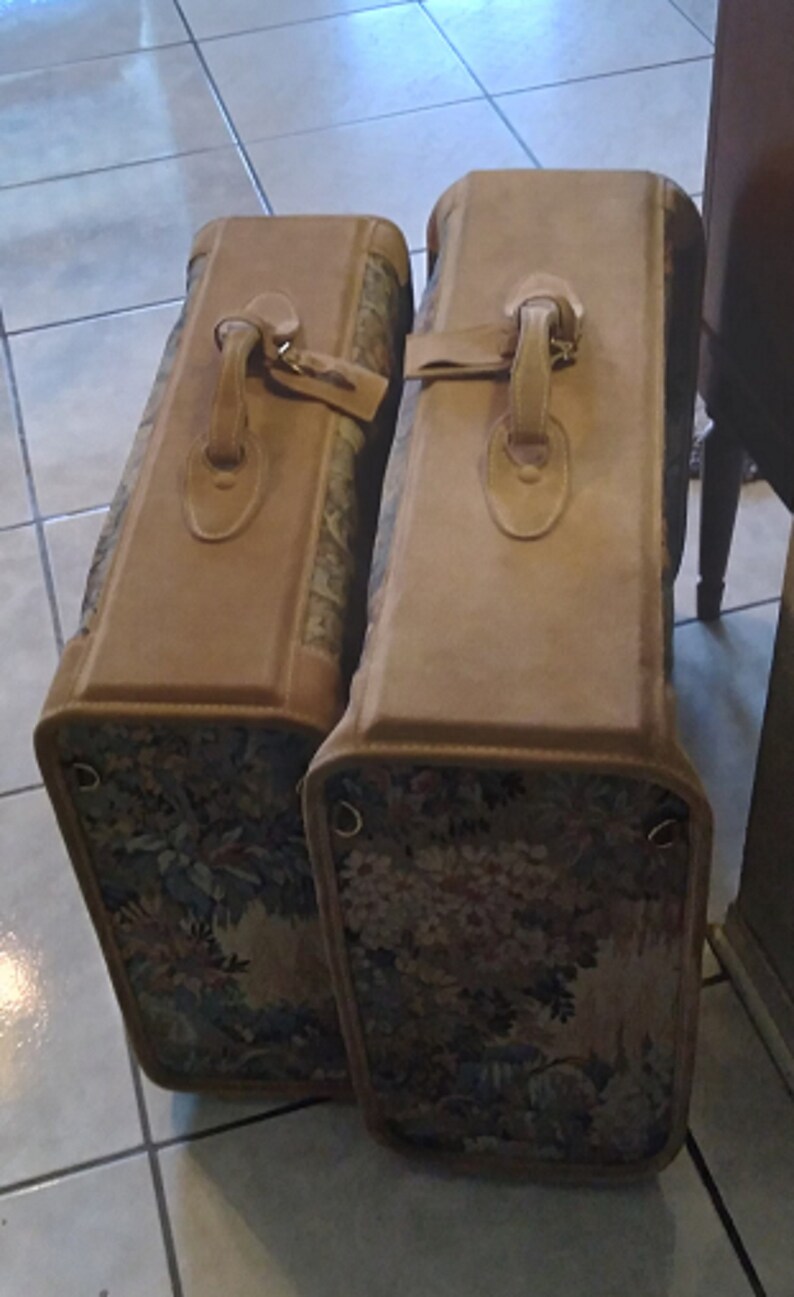 1 Pair French California Suitcases featuring Floral Tapestry and Suede Tops/Sides/Corners/Handle and Tag. Softsided / Fiberglass Reinforced image 2