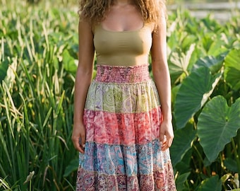 Boho Silk Maxi Skirt: Patchwork Paisley Print, Sari Frill Detail Plus Size