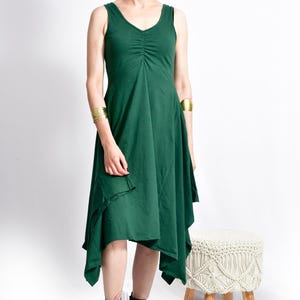 Forest Green Cotton Knit Midi Dress, Asymmetrical Pixie Hem, Boho Goblincore Sun Dress