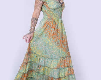 Boho Paisley Silk Dress: Bohemian Hippie Sari Festival Gown