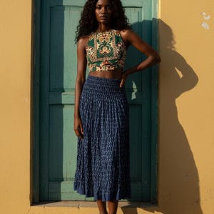 Boho Organic Cotton Maxi Skirt: Block Printed Crinkle Frill Skirt Plus Size