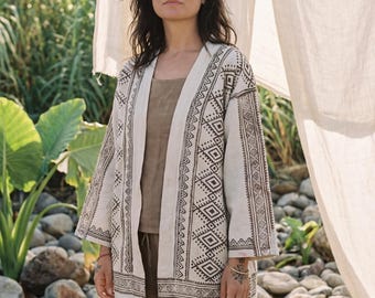 Kimono de algodão orgânico estampado à mão – Robe boho com estampa botânica, tamanho único para usar em casa