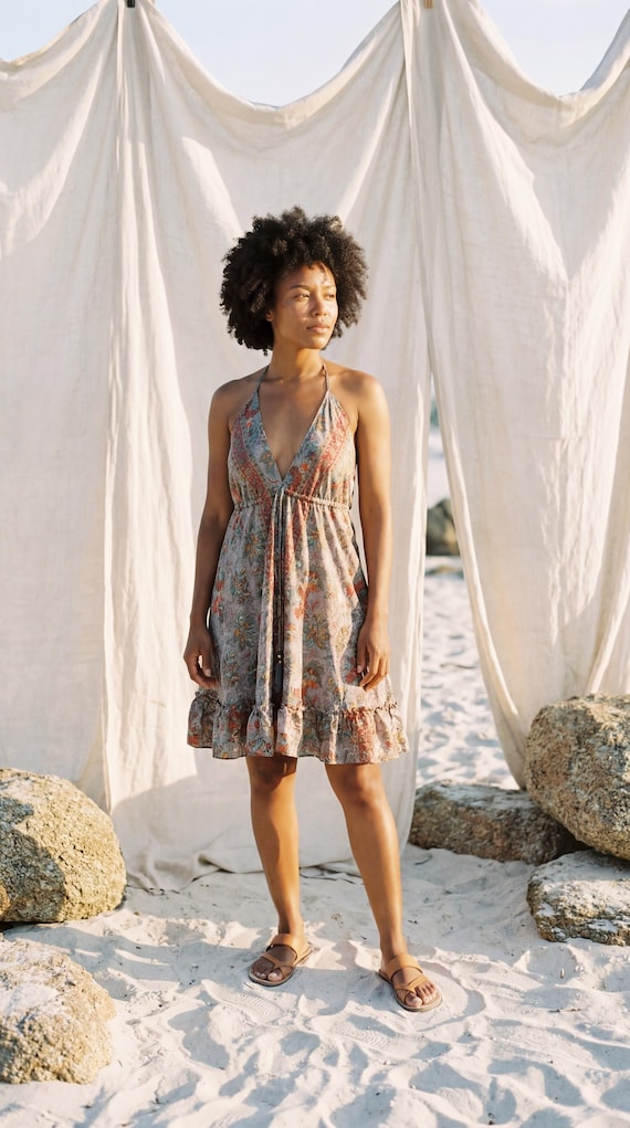 paisley halter mini dress Silk Blend Boho – Backless Sundress (UK 8-16) Elysia paisley