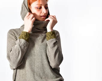 Women&#39;s boho Sweater, hippie printed hood Jumper with finger holes sleeve. Soft Cozy Tribal Winter & Summer hoodie. Gift for Her.