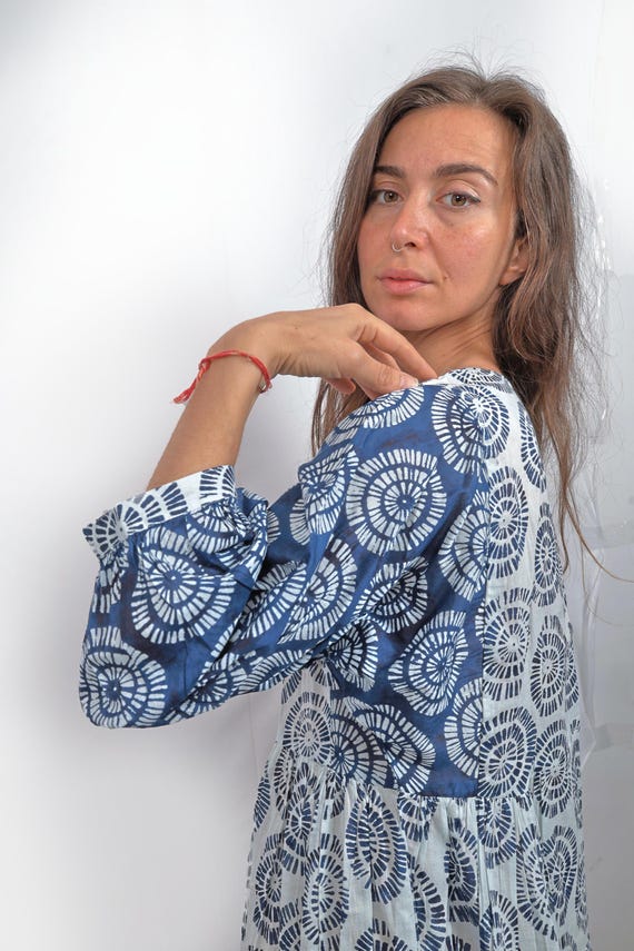 midi block printed organic cotton dress Organic Cotton Block Print Midi Dress