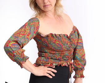 Bohemian Silk Sari Top: Ruffled Vintage Indian Sun Top