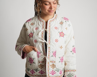Boho Embroidered Quilted Jacket: Artisan Crafted Floral Vest