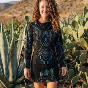 Teal Sacred Geometry Hooded Dress – Black Cotton Knit Tunic, Festival Wear