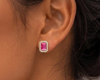 Pink Tourmaline Stud Earrings , Minimalist Jewelry, Dainty Gold Earrings, Birthstone Jewelry, Gift for Her