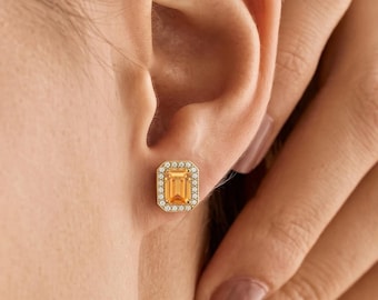 Dainty Citrine Studs in 18K Gold, Octagon Honey Yellow Gemstone Halo Earrings, Minimalist Daily Wear Jewelry, Autumn Birthday Gift for Her