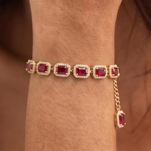 Ruby Octagon Tennis Bracelet, Birthstone Jewelry, Gift for Girlfriend, Bridesmaid Gift, Anniversary Gift for Her, Womens Bracelet