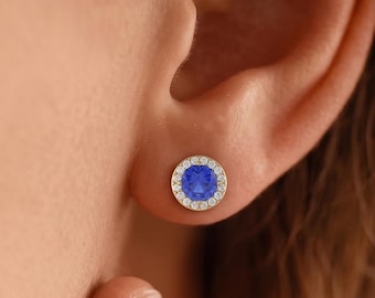 Royal Blue Stud Earrings for Women, Sapphire Earrings, September Birthstone Jewelry, Dainty Gold Earrings, Handmade Bridal Gift
