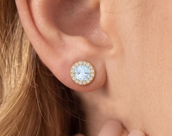 Aquamarine Halo Stud Earrings, Minimalist Jewelry, Ocean Blue Gold Earrings for Women, Handmade Bridal Gift, Dainty Earrings