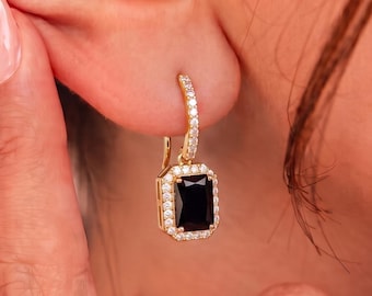 Black Onyx Dangling Earrings, Dainty Octagon Cut Gold Drop Earrings, Minimalist Gemstone Jewelry, Unique Statement Jewelry for Her