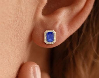 Octagon Blue Sapphire Stud Earrings, Sterling Silver 5x7 mm Sapphire Gemstones Studs, Sapphire Jewelry, September Birthstone Gift For Her