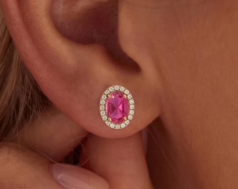 Oval Cut Pink Tourmaline Halo Earrings 18K Gold Vermeil, Pink Gemstone Studs for Bridesmaid, Romantic Wedding Party Jewelry Gift, Fine Studs
