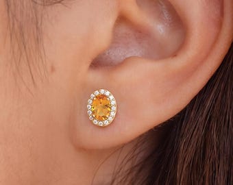 Golden Oval Citrine Stud Earrings, 18k Gold Vermeil Gemstone Halo Studs, Sunny November Birthstone Jewelry, Romantic Autumn Gift for Her