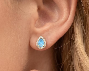 18k Gold Vermeil Pear Cut Blue Topaz Halo Earrings, Teardrop Gemstone Stud, December Birthstone Jewelry, Delicate Anniversary Gift for Women