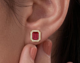 Minimalist Ruby Stud Earrings, Gold Earrings for Women, Handmade Birthstone Jewelry, Dainty Wedding Jewelry, Anniversary Gift for Her
