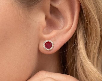 Round Ruby Stud Earrings | Vintage Halo Gold Earrings for Women | Dainty Ruby Jewelry | Anniversary Gift for Her