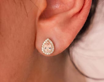 Vintage Style Pear Morganite Stud Earrings Gold, Teardrop Blush Pink Gemstone Halo Studs, Romantic Bridal Earrings, Anniversary Gift for Her
