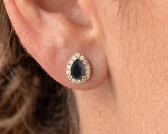 Dainty Pear Cut Black Onyx Studs in 18K Gold, Teardrop Black Stone Halo Earrings, Elegant Daily Wear Jewelry, Statement Gift for Women