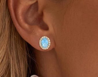 18K Gold Vermeil Blue Topaz Halo Earrings for Bride, Oval Blue Gemstone Studs, Something Blue Wedding Jewelry, Special Anniversary Gift