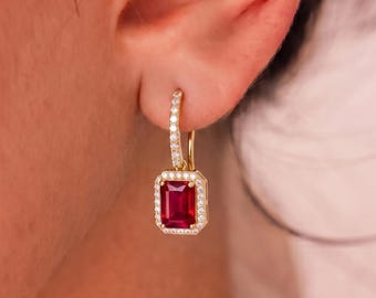 Red Ruby Dangle Drop Earrings with Octagon Cut, 18K Gold Vermeil Dangles, Romantic Anniversary Gift for Wife, Classic Everyday Jewelry Gift