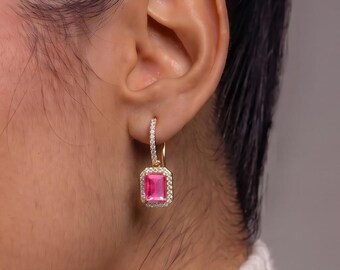 Dainty  Pink Tourmaline Dangle Earrings, Octagon Cut Gemstone Drop Earrings, Bridesmaid Earrings Set, Vibrant Wedding Gift for Her