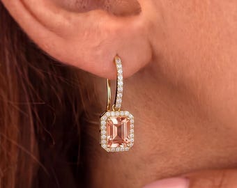 Morganite Dangle Earrings for Women, 18K Gold Vermeil Octagon Cut Bridal Earrings, Elegant Wedding Jewelry, Romantic Bridesmaid Gifts