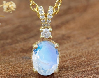 Rainbow moonstone necklace, Pendant necklace for women, Wedding necklace, Anniversary gift, Oval moonstone pendant necklace gift for her