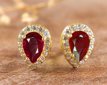 Natural red ruby stud earrings, earrings for women, pear ruby earrings, AAA Red ruby earrings, gold stud earrings, 925 Sterling silver