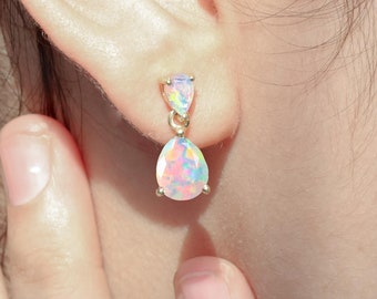 Dual Pear Natürlicher Feueropal Edelstein Ohrstecker und Tropfenohrring für Frauen, Oktober Birthstone Schmuck, natürlicher Opal Silber Ohrstecker und Tropfenohrring
