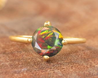 Vintage round black fire opal ring for women, fire opal ring, Black opal ring, Black opal jewelry, Minimalist ring, AAA Ethiopian opal ring