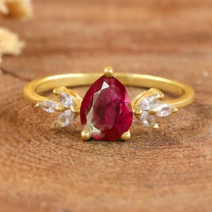 Minimalist Pear Cut Ruby Ring: 925 Sterling Silver Gold Ring
