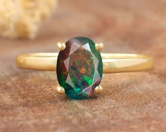 Natural fire opal statement ring, Black opal ring, Wedding ring for women, October birthstone, Black opal jewelry, gold ring, Silver ring