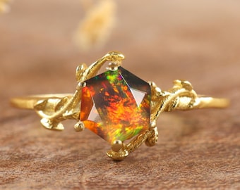 Natural black fire Hexagon opal statement ring for women, AAA Ethiopian opal ring, Engagement ring, 925 Sterling silver ring, gift for her