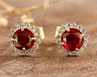 Round ruby stud earrings, earrings for women, Gold stud earrings, earrings for women, Minimalist earrings, AAA Ruby earrings, July Birthston