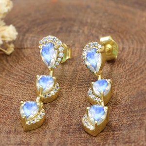 White rainbow moonstone stud and dangle earrings for women, Vintage moonstone earrings, AAA Moonstone earrings, Gift for her