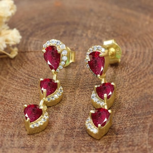 Pear Red Rose Ruby Drop stud earrings for women, Vintage Ruby earrings, 925 Sterling silver earrings, Gold Filled earrings, Gift for her