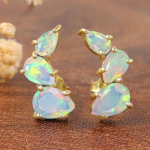 Multifire Opal Gemstone Horn Style Stud Earring for Women, October Opal Birthstone Jewelry, Natural Fire Opal Gemstone Silver Stud Earring