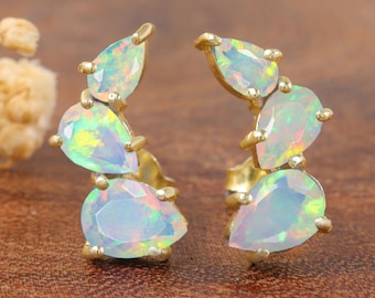 Multifire Opal Gemstone Horn Style Stud Earring for Women, October Opal Birthstone Jewelry, Natural Fire Opal Gemstone Silver Stud Earring