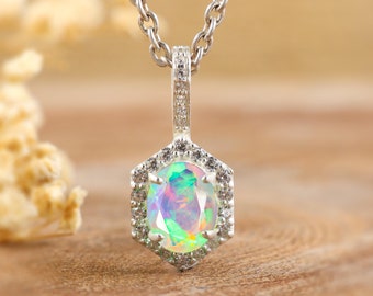 Natural white fire Ethiopian opal pendant necklace for women, October birthstone opal jewelry, AAA Ethiopian opal jewelry, gift for her