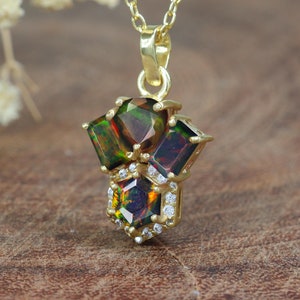 Black fire Ethiopian opal pendant necklace, Gold chain necklace for women, October birthstone, AAA Ethiopian opal pendant necklace for her