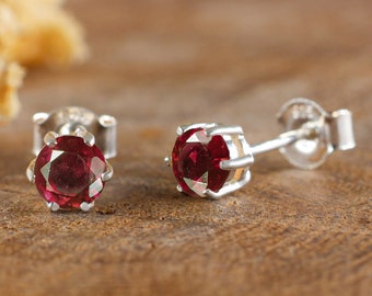 Natural Red Ruby Stud Earrings: Minimalist 925 Sterling Silver